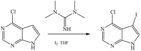 4-氯-5-碘-7H-吡咯并[2,3-d]嘧啶的合成路线示意图